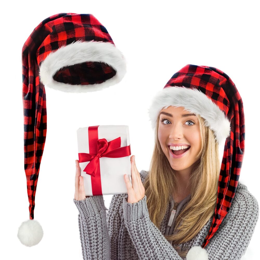 6841 Long Santa Hat for Adult | Red Buffalo Plaid Christmas Santa Hats